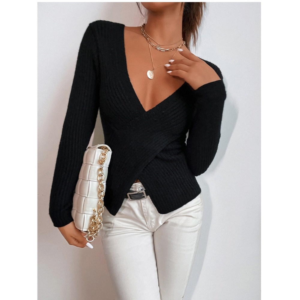 Black Criss Cross Front V-Neck Rib Knit Sweater To - Picture 4 of 9